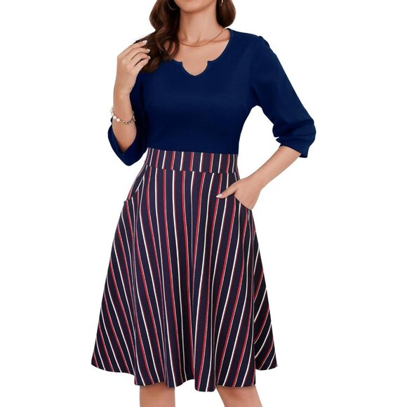 Womens 3/4 Sleeve Fit and Flare V Neck Pleated Fall Cocktail Dress with Pockets - Picture 1 of 5